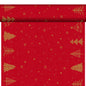 A roll of red wrapping paper with golden stylized Christmas trees, stars, and snowflakes perfectly matches the Duni GmbH organic Dunicel-Tete a Tete 0.4x24m for a festive and sustainable table decoration.