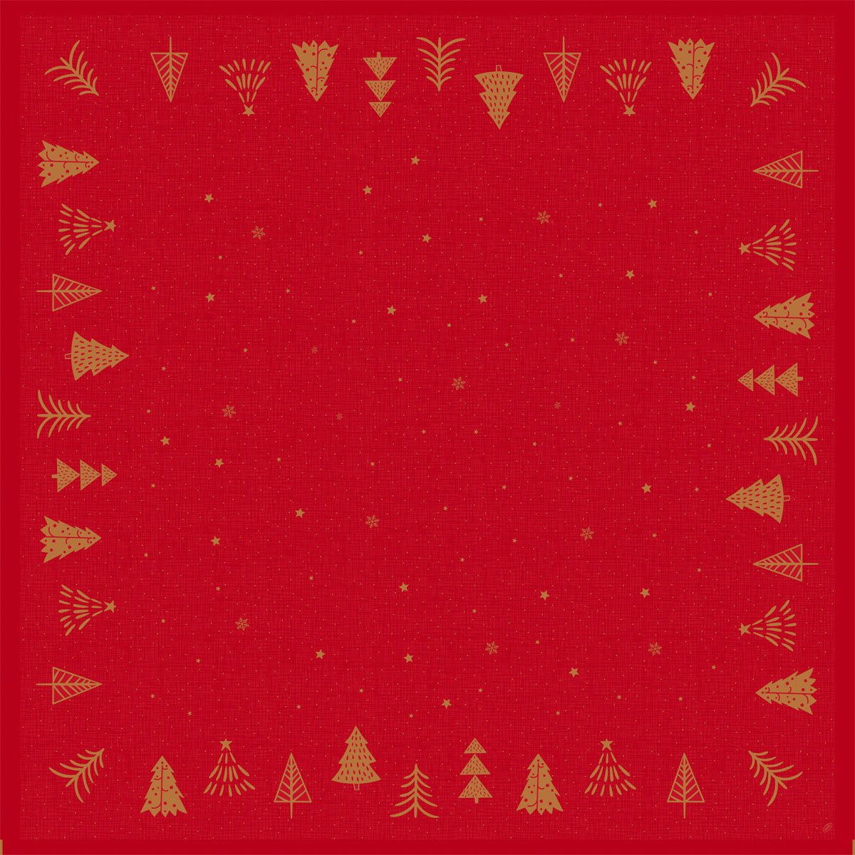 The Bio-Dunicel tablecloth 84x84cm Shimmer Trees from Duni GmbH has a red, square design with golden Christmas tree borders and scattered golden stars - perfect for an eco-friendly holiday tablecloth. Pack: 20 pieces.