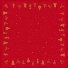 The Bio-Dunicel tablecloth 84x84cm Shimmer Trees from Duni GmbH has a red, square design with golden Christmas tree borders and scattered golden stars - perfect for an eco-friendly holiday tablecloth. Pack: 20 pieces.