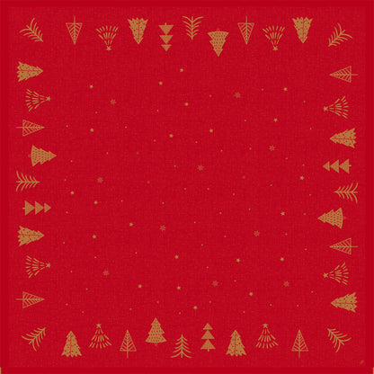 The Dunisilk(Plus) tablecloth 84x84 from Duni GmbH with a red background, golden edge, and stylized trees features small golden stars and dots in a symmetrical pattern - perfect for a festive, water-repellent table decoration.