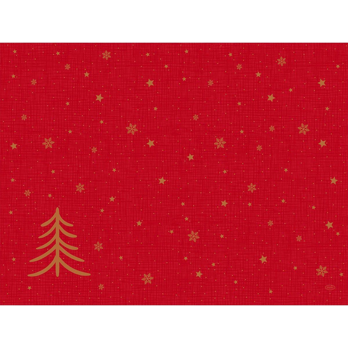 Paper placemats 30x40cm Shimmer Trees by Duni GmbH: Red design with subtle pattern, golden Christmas tree at the bottom left, gold stars and snowflakes - ideal for festive table decoration. Pack of 250 pieces.