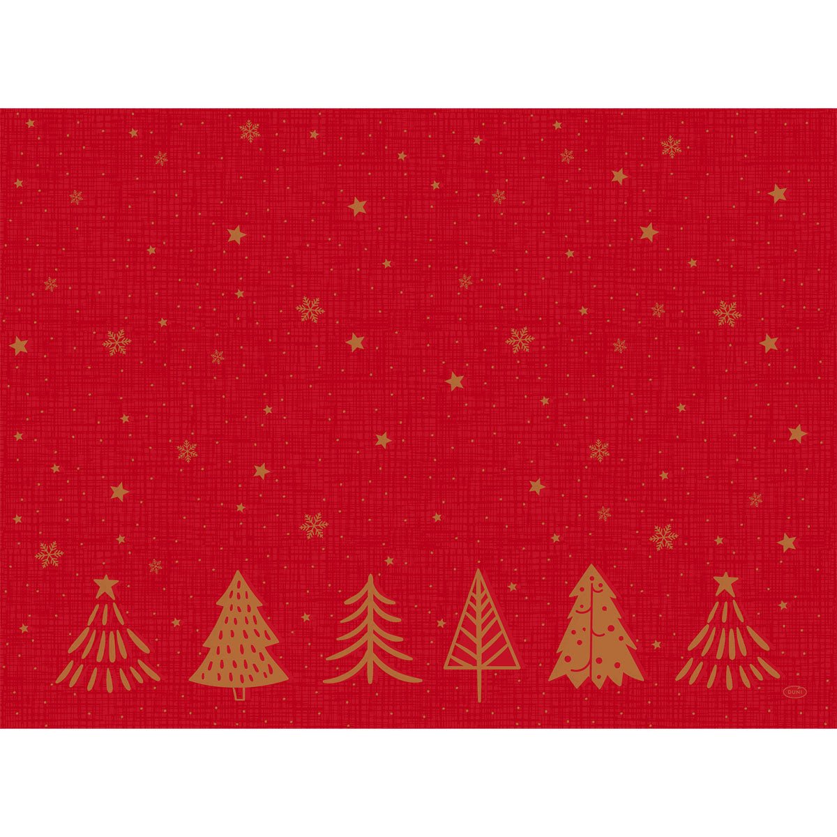 A festive red background with golden stars, snowflakes, and six golden trees in the Shimmer Trees design - perfect for the Bio-Dunicel sets 30x40 Shimmer Trees | Pack (100 pieces) from Duni GmbH.