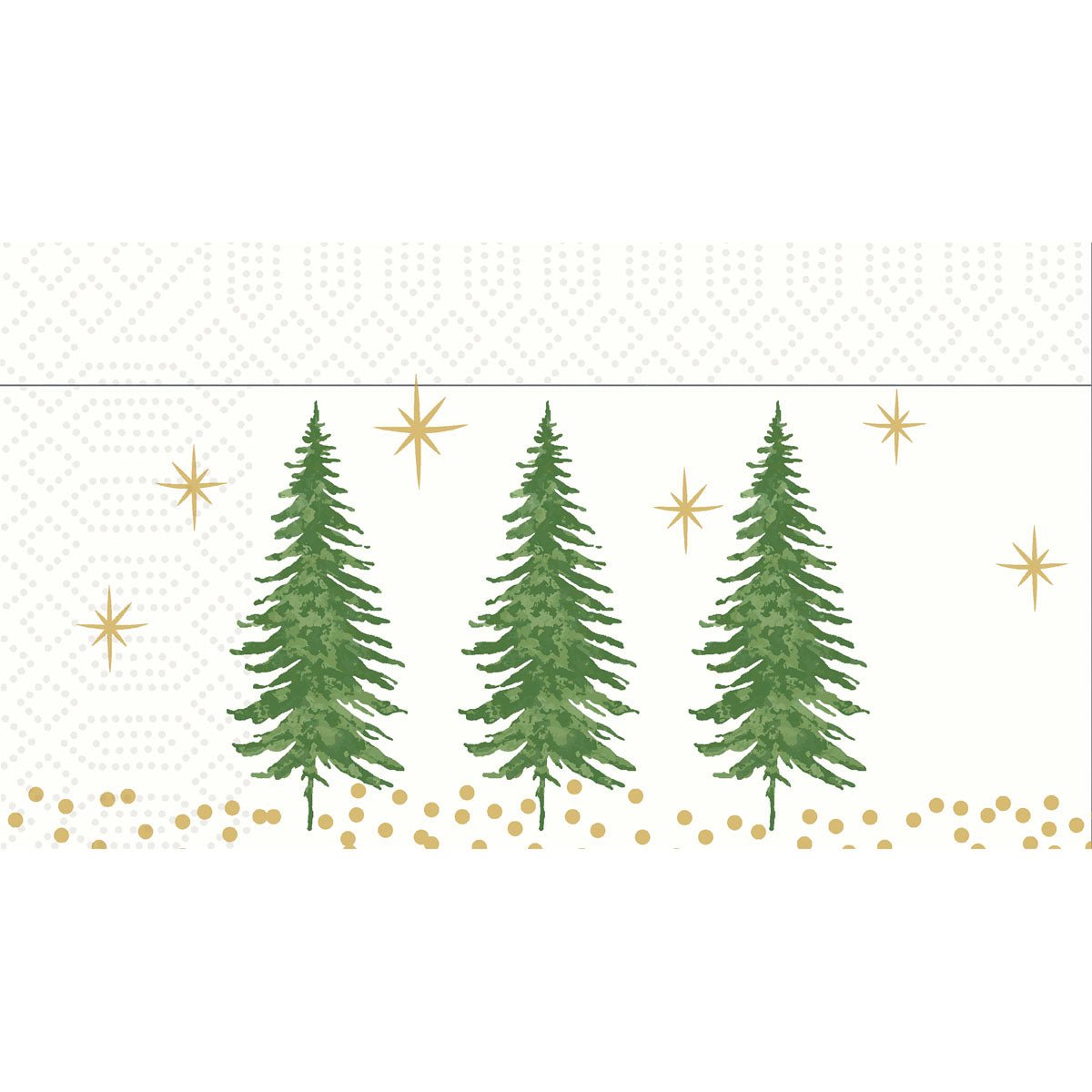 The "Dispenser Napkins 33 2-ply Humble Trees" from Duni GmbH feature four green fir trees with golden accents on a white, patterned background, perfect for adding a festive touch. The package contains 300 pieces.