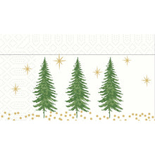 The "Dispenser Napkins 33 2-ply Humble Trees" from Duni GmbH feature four green fir trees with golden accents on a white, patterned background, perfect for adding a festive touch. The package contains 300 pieces.