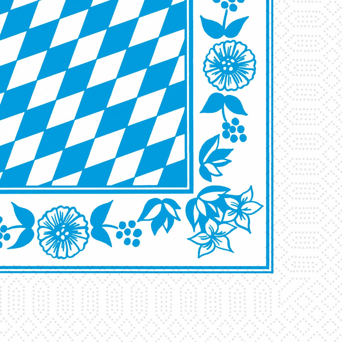 The Duni GmbH cellulose napkins 33x33 cm, 3-ply, feature a blue and white Bavarian diamond design with a blue floral border and a dotted white edge. Pack of 250 napkins.