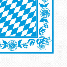 The Duni GmbH cellulose napkins 33x33 cm, 3-ply, feature a blue and white Bavarian diamond design with a blue floral border and a dotted white edge. Pack of 250 napkins.