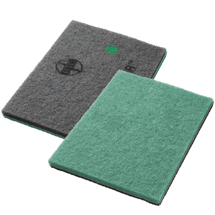 Pictured are two rectangular Twister Pads from Diversey Deutschland GmbH & Co. OHG: a green maintenance cleaning pad for stone floors, both with a rough surface – perfect for daily stone floor cleaning.