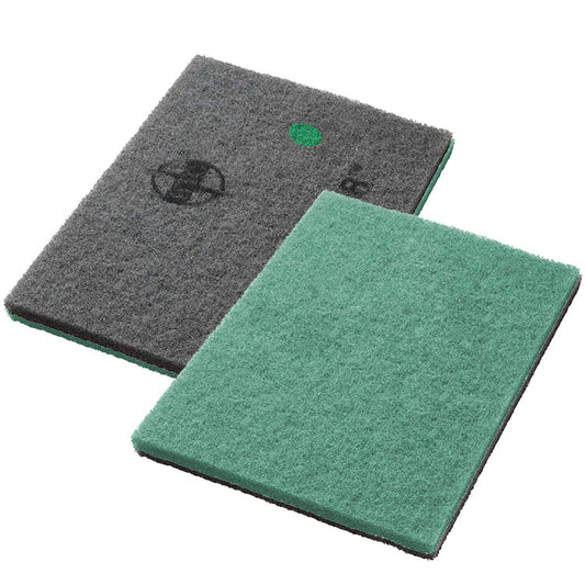 Pictured are two rectangular Twister Pads from Diversey Deutschland GmbH & Co. OHG: a green maintenance cleaning pad for stone floors, both with a rough surface – perfect for daily stone floor cleaning.