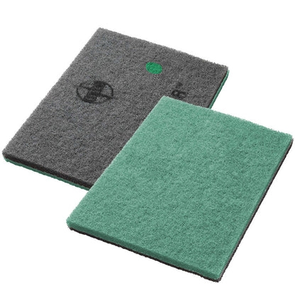 Two rectangular scouring pads from Diversey Deutschland GmbH & Co. OHG, including the green Twister Pad maintenance cleaning pad for stone floors, lie side by side on a white background, one gray with a circular marking, one simply green.