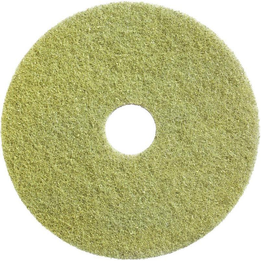 The Diversey Twister Pad (yellow) by Diversey Deutschland GmbH & Co. OHG is a round restoration pad with a hole for cleaning and restoring stone floors, depicted from above on a white background.