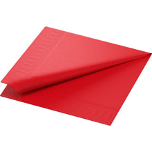 A neatly folded red Duni GmbH cellulose napkin, 40x40 cm, 3-ply, 1/4-fold with embossed decorative edges (pack of 250 pieces), is shown against a white background.