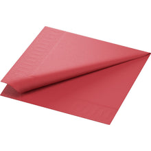 A single burgundy Duni GmbH cellulose napkin, 40x40 cm, 3-ply, folded to 1/4 size, with subtle border embossing. The package contains 250 napkins.