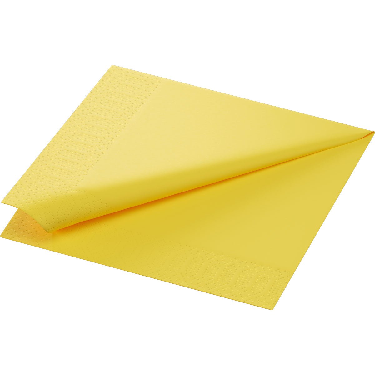 A single yellow Duni GmbH cell. napkin 40x40 3-ply 1/4-fold napkin is neatly folded and presented against a white background, highlighting the subtly textured edge. Each package contains 250 high-quality napkins.