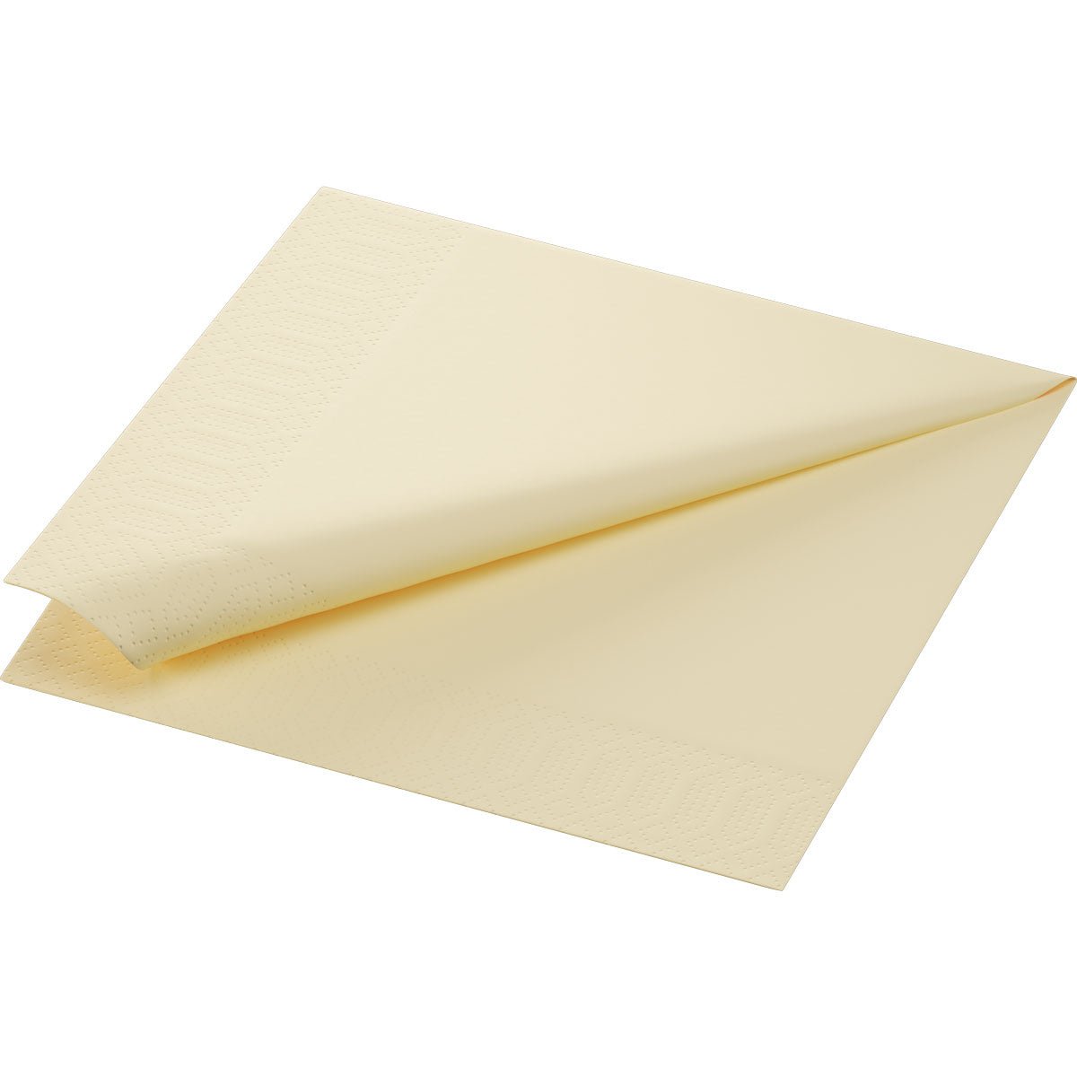 A simply folded Duni GmbH Zellt.Serv.40x40 3-ply 1/4 cream-colored napkin (40x40 cm, 3-ply) with an embossed edge is depicted on a plain white background.