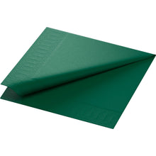 The Duni GmbH cellulose napkins 40x40 cm 3-ply 1/4-fold in hunter green are solid-colored and have a textured edge that offers elegant durability for any table. Available in packs of 250 napkins.