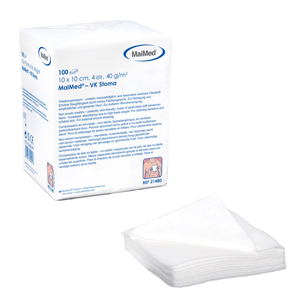 MaiMed-VK-Stoma-non-sterile 10x10cm 4-fold, 40g fleece compresses of 100 pieces/paper bag | Pack (100 pieces)