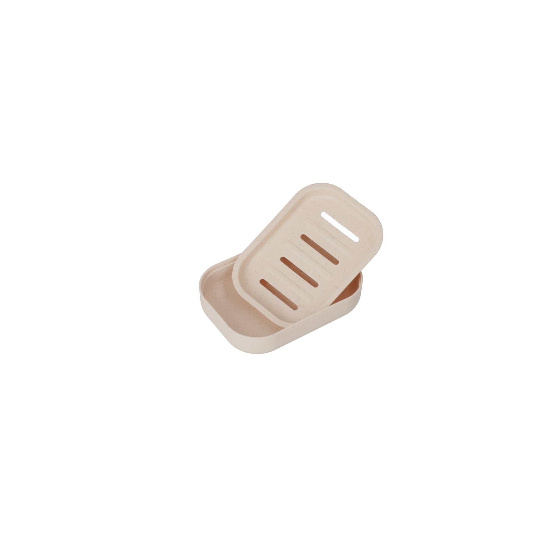 A Nölle Profi Brush soap dish made of plastic (10.5 x 7.5 x 4 cm), beige, with a removable slotted lid, partially opened and shown on a white background. Perfect as a travel companion. The package contains 12 dishes.