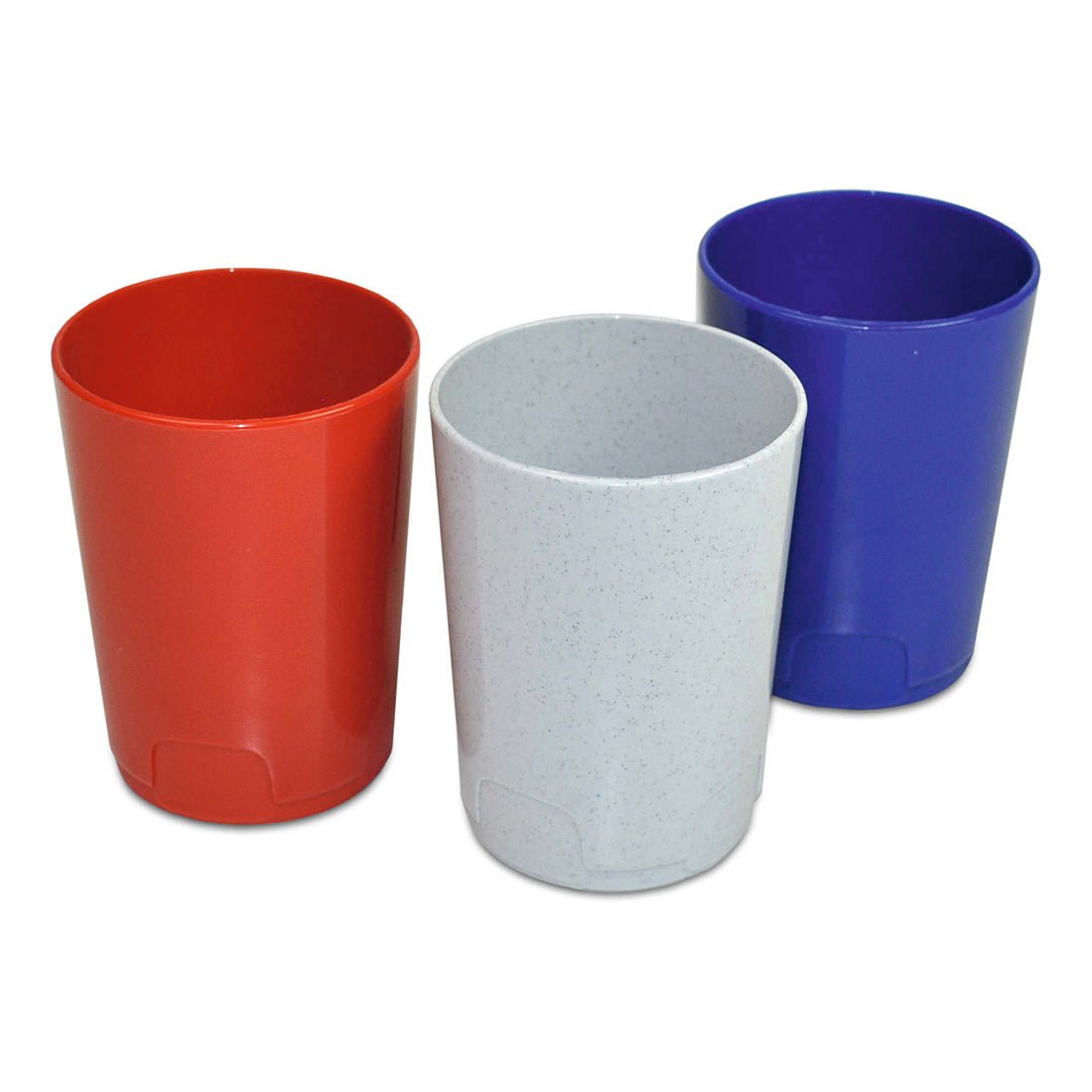Three Nölle Profi Brush toothbrush cups made of plastic, assorted colors (by Nölle Profi Brush Bürsten- & Pinseltechnik e.K.), stand side by side in the bathroom: one red, one light gray speckled, and one blue. All are handleless and cylindrical.