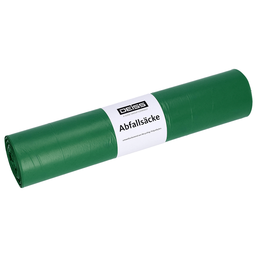 Pictured is a roll of green EMIL DEISS KG (GmbH + Co.) garbage bags with the inscription "DEISS 22054 - 700x1100 mm green | Roll (25 pieces)" and a white label with the inscription "Waste bags" against a plain white background.