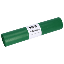 A roll of green EMIL DEISS KG (GmbH + Co.) garbage bags with the inscription "DEISS 22070 - 700x1100 mm Type 60 green | Roll (25 pieces)" is depicted on a plain white background with a white label and logo.