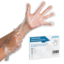 A person puts on a transparent ARNOMED POLYGLOVE BOX disposable glove made of PE. At the bottom right, there is a hygienic dispenser box from ARNOWA GmbH with product details and an image of a glove.