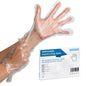 A person puts on a transparent ARNOMED POLYGLOVE BOX disposable glove made of PE. At the bottom right, there is a hygienic dispenser box from ARNOWA GmbH with product details and an image of a glove.