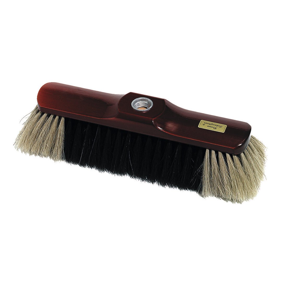 The Nölle Profi-Bürste Stubenbesen, 28 cm, from Nölle Profi Brush Bürsten- & Pinseltechnik e.K., features a mix of light and dark natural hair bristles, a threaded hole for handle attachment, and a golden label on the wooden head.