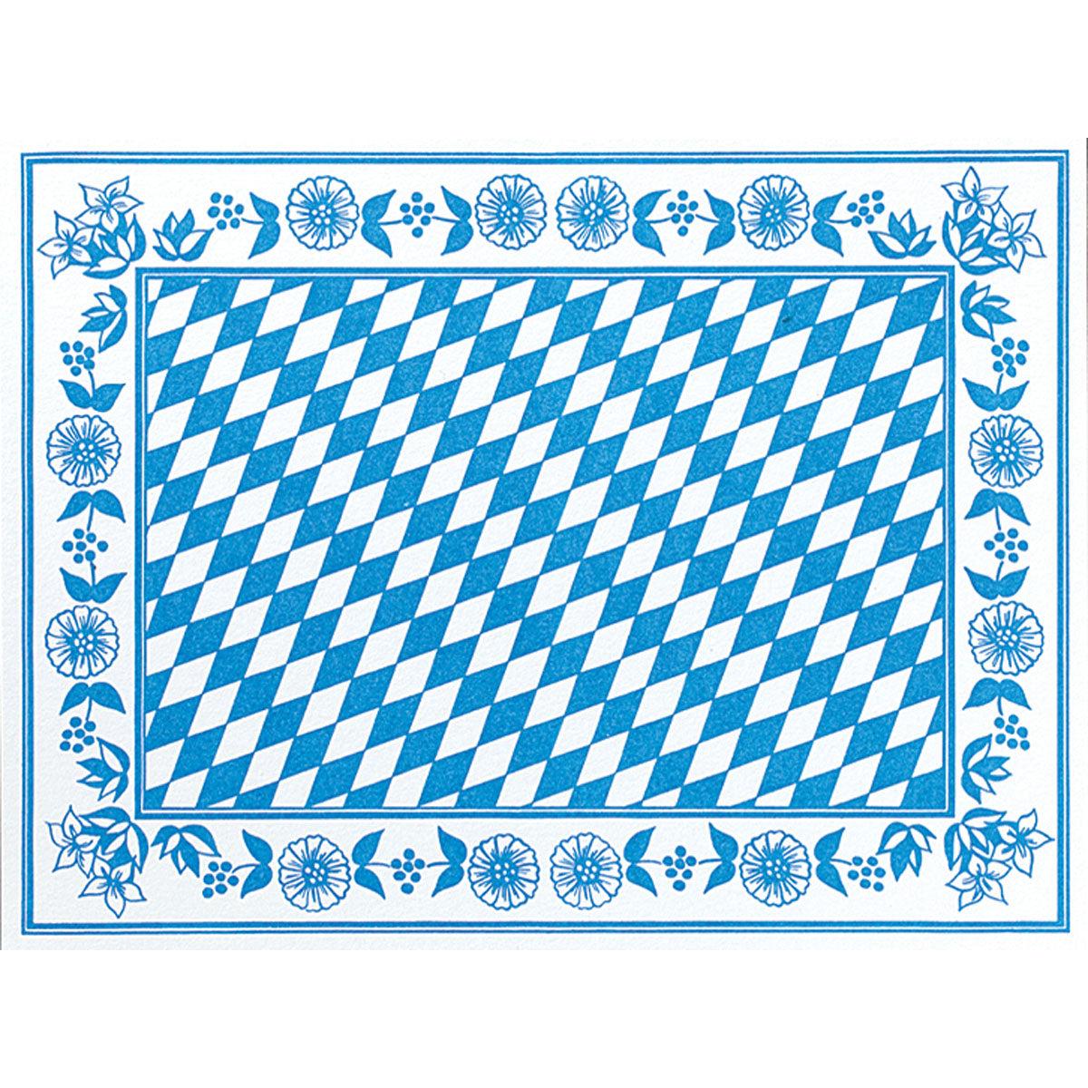 The Dunicel placemats 30x40 cm Bayer Raute by Duni GmbH feature a blue-white diamond pattern with blue flowers and leaves on a white background - perfect for elegant occasions. Pack of 100 pieces.