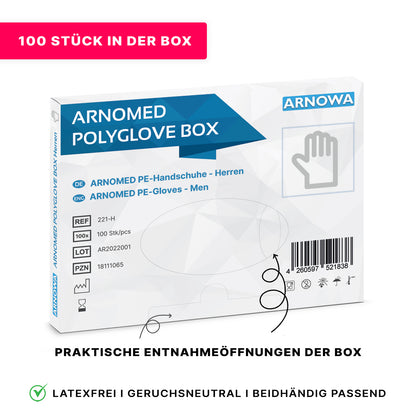 Image of an ARNOMED POLYGLOVE BOX - disposable gloves made of PE from ARNOWA GmbH, 100 pieces in a hygienic dispenser box. Packaging with product details in German/English, barcode, and icons for latex-free, odorless, and ambidextrous use.