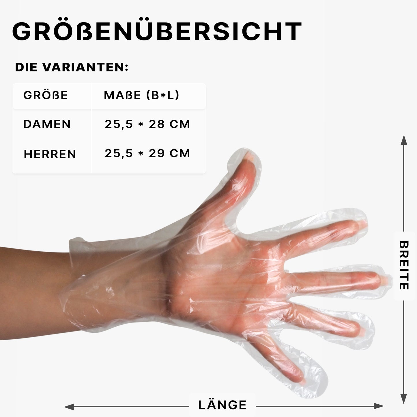 A hand wears an ARNOMED POLYGLOVE BOX disposable glove from ARNOWA GmbH made of PE. Arrows indicate length and width, with sizes: Women (25.5 x 28 cm), Men (25.5 x 29 cm). Convenient from the hygienic dispenser box.