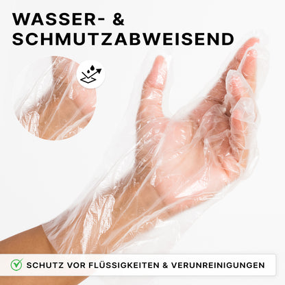 An ARNOMED POLYGLOVE BOX disposable glove made of PE from ARNOWA GmbH protects against liquids and contaminants, is water- & dirt-repellent, and comes in a hygienic dispenser box with a drop icon.