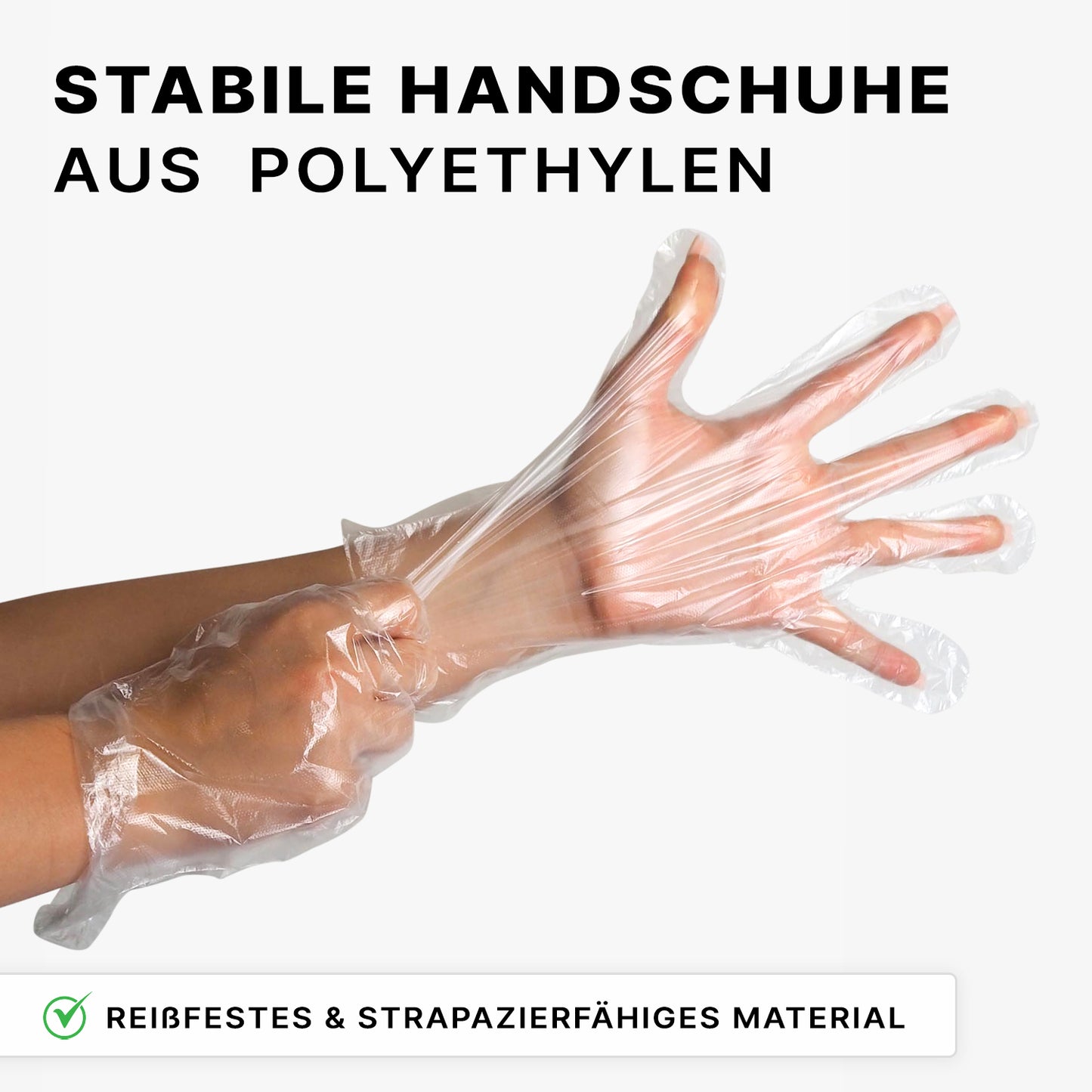 A hand is seen putting on an ARNOMED POLYGLOVE BOX - disposable gloves made of PE from ARNOWA GmbH. The German text indicates that these gloves are durable, tear-resistant, and made from robust material.