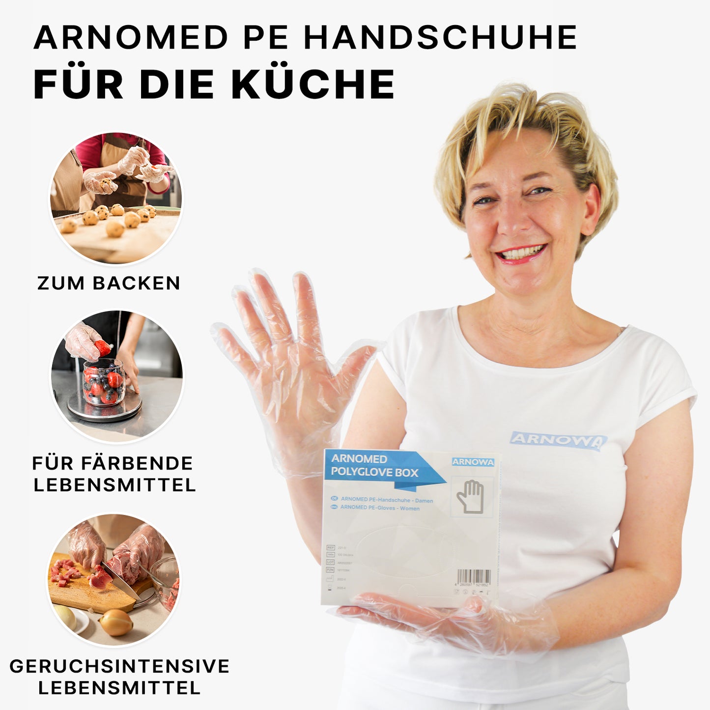 A smiling woman wears ARNOMED POLYGLOVE BOX disposable gloves made of PE from ARNOWA GmbH and holds the dispenser box. Insets show gloved hands kneading, handling dough, and holding beets, with German text about kitchen applications.