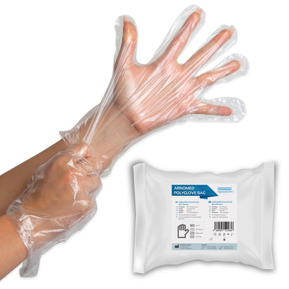 A person is wearing a transparent disposable glove ARNOMED POLYGLOVE BAG disposable gloves made of PE by ARNOWA GmbH. Nearby is a white package with product information and a barcode on the label.