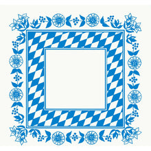 A square Dunicel tablecloth 84x84 cm by Duni GmbH with a blue and white Bavarian diamond border, blue floral frame on a white background, and a blank center - perfect for a stylish table decoration. Package: 20 pieces.