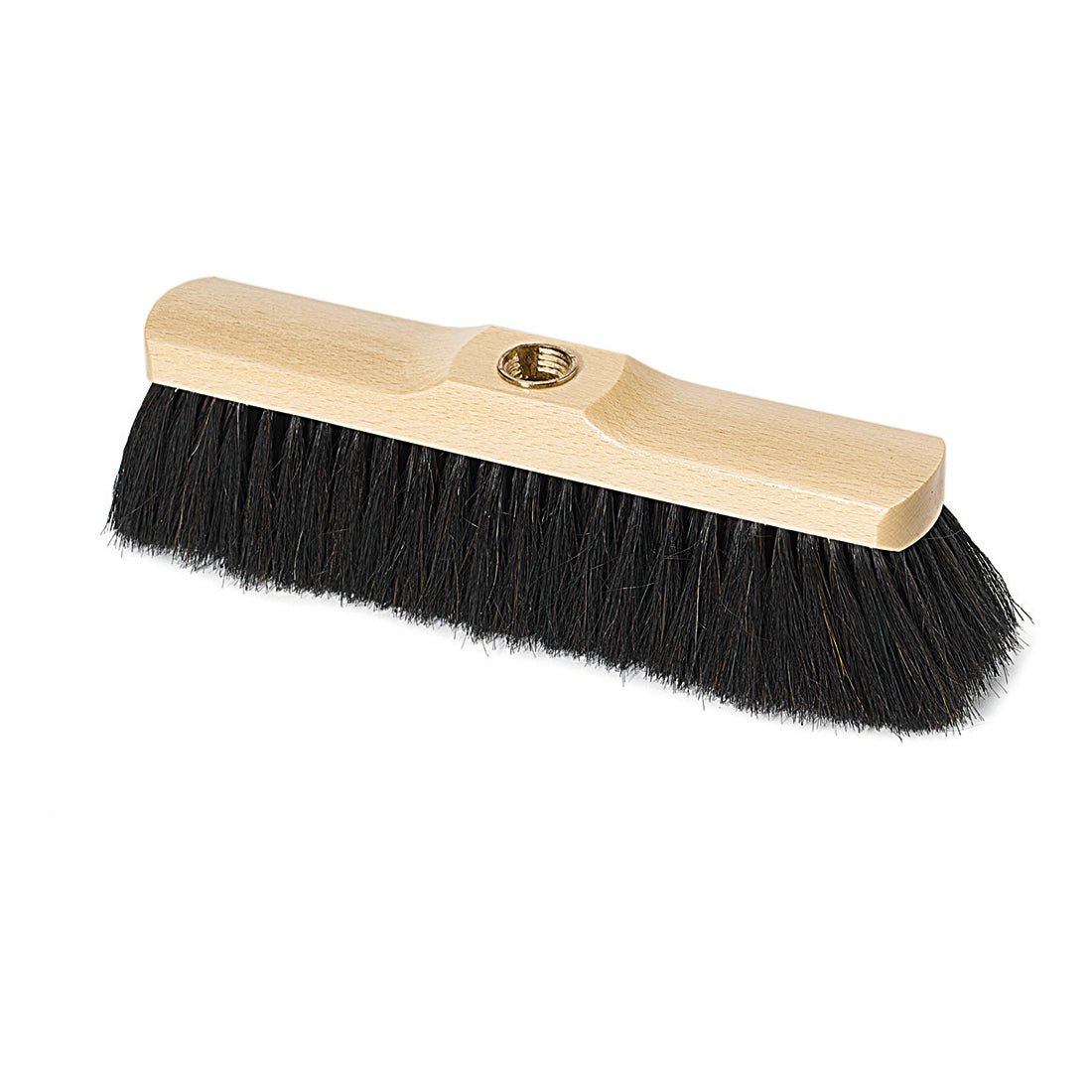 The Nölle Profi Brush Stubenbesen, 28 cm horsehair, from Nölle Profi Brush Bürsten- & Pinseltechnik e.K., features dense black bristles and a threaded hole for handle attachment - ideal for thorough cleaning. Pictured on a white background.