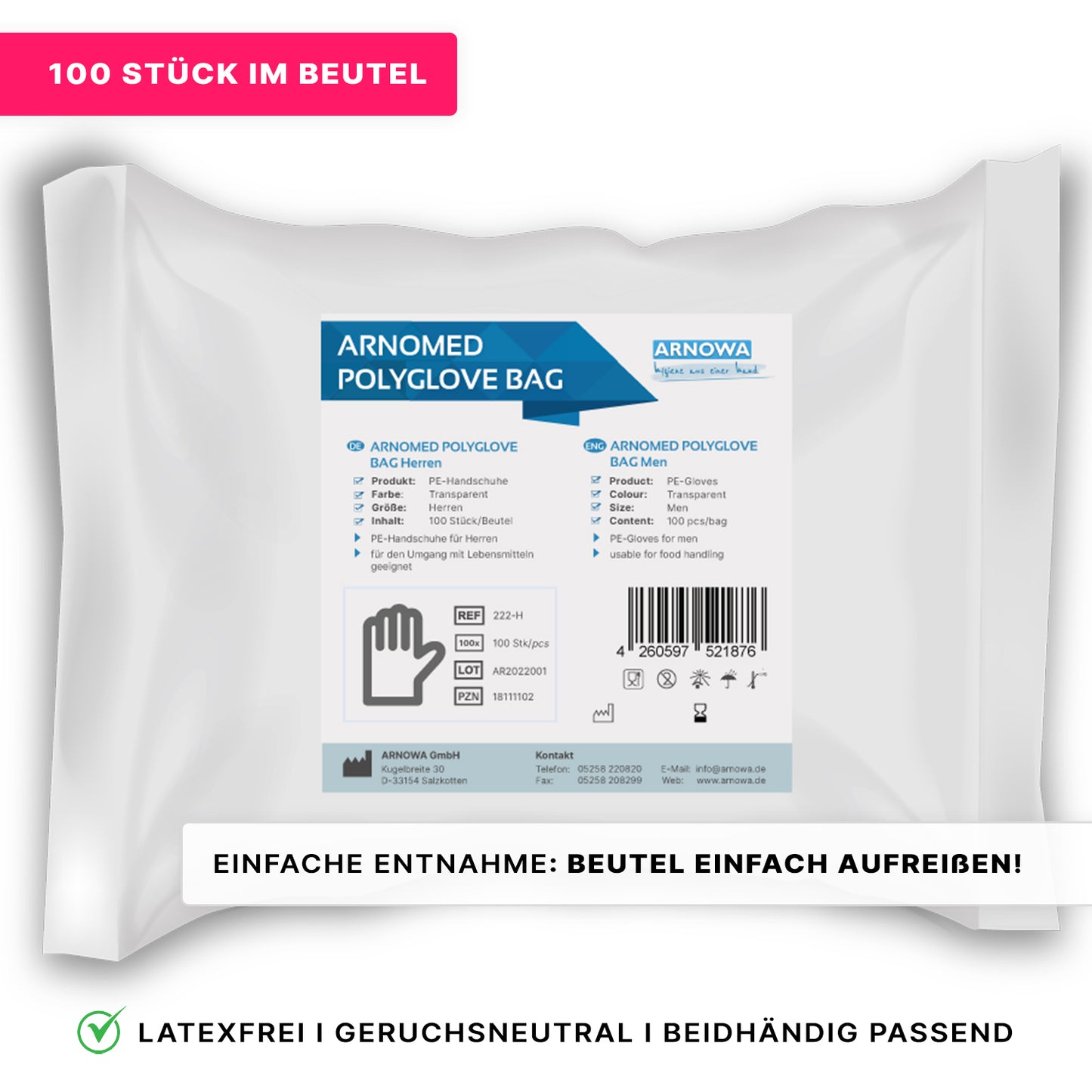 A white package of ARNOMED POLYGLOVE BAG disposable gloves made of PE by ARNOWA GmbH contains product information, barcode, and company details. Pink banners highlight "100 pieces in the bag" and instructions for easy opening.