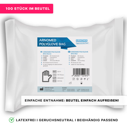 A white package of ARNOMED POLYGLOVE BAG disposable gloves made of PE by ARNOWA GmbH contains product information, barcode, and company details. Pink banners highlight "100 pieces in the bag" and instructions for easy opening.