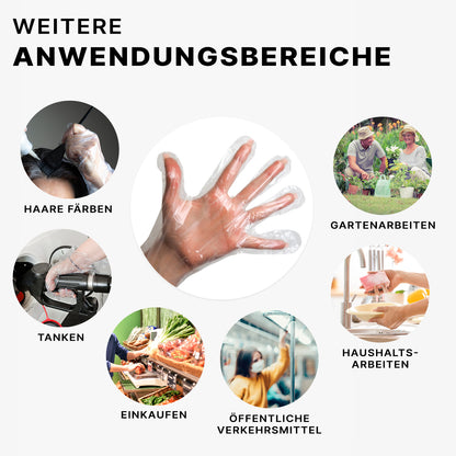 A diagram shows a gloved hand (ARNOMED POLYGLOVE BAG from ARNOWA GmbH) in the center, surrounded by circles with German texts for use: dyeing hair, gardening, refueling, shopping, public transport, and household.