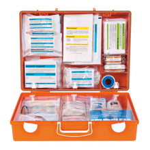 The W. Söhngen GmbH First Aid Senior Home and Care MT-CD orange filled First Aid Box (1 piece) contains neatly arranged medical consumables such as Aluderm® bandages, gauze bandages, strips, tapes, scissors, gloves, and disinfectant wipes.