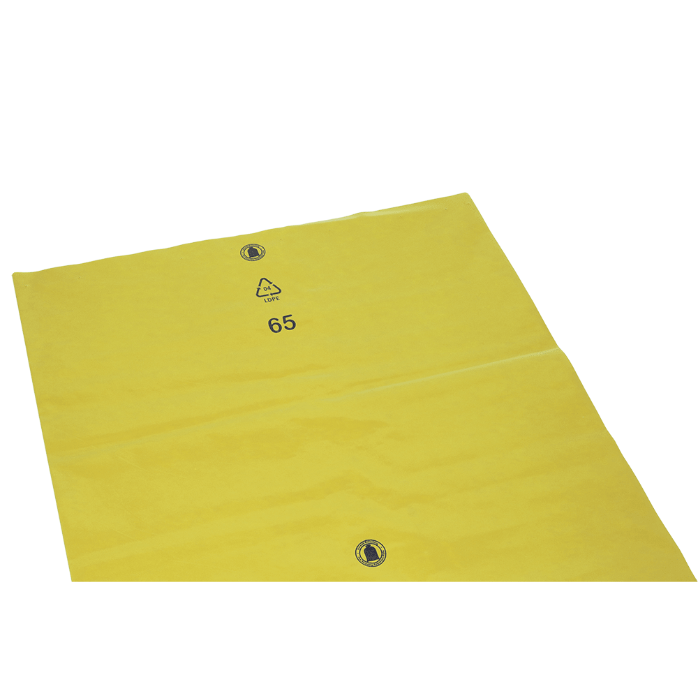 A flat yellow plastic film, EMIL DEISS KG (GmbH + Co.) DEISS 23005 - 700x1100x0.1 mm yellow (200 pieces), with recycling symbols and the number 65 in black on a white background.
