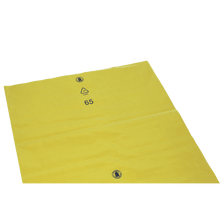 A flat yellow plastic film, EMIL DEISS KG (GmbH + Co.) DEISS 23005 - 700x1100x0.1 mm yellow (200 pieces), with recycling symbols and the number 65 in black on a white background.