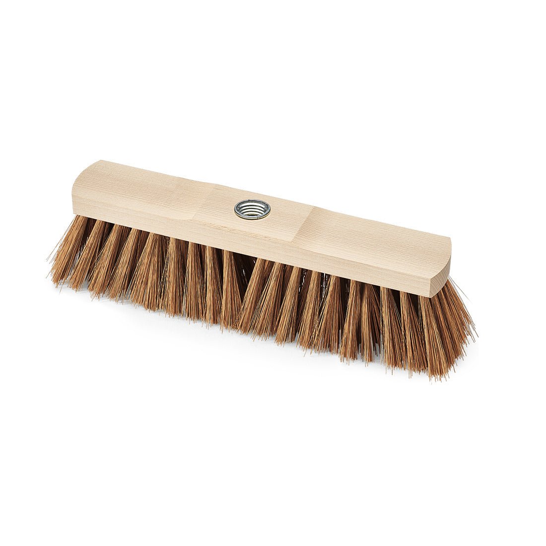 The Nölle Profi Brush industrial broom 30 cm, poly-coconut with handle thread from Nölle Profi Brush Bürsten- & Pinseltechnik e.K. has stiff brown bristles and a central threaded hole for handle attachment, depicted on a white background.