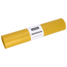 Pictured is a roll of EMIL DEISS KG (GmbH + Co.) yellow DEISS garbage bags made from recycled LDPE 120 l (25 pieces) on a white background with a white label.