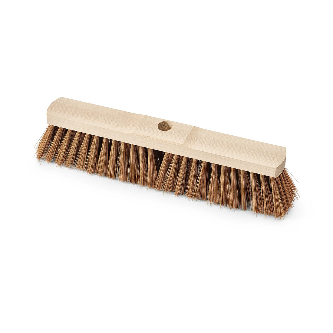 The Nölle Profi Brush hall broom Poly-Coconut saddle wood with handle hole, from Nölle Profi Brush Brush & Paint Technology e.K., is a rectangular broom head with dense poly-coconut bristles and a central hole for handle attachment.