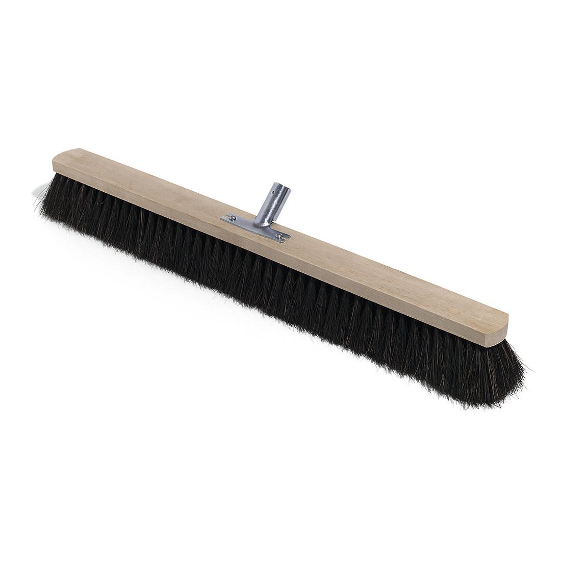 The Nölle Profi Brush hall broom Arenga with metal handle holder from Nölle Profi Brush Bürsten- & Pinseltechnik e.K. features a wide, rectangular wooden base, black bristles, and a durable metal handle holder for easy attachment.