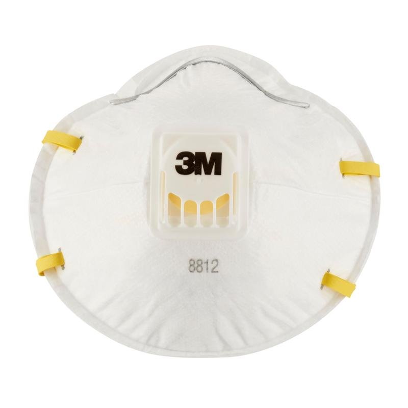 A white 3M™ Cool Flow™ Particulate Respirator 8812 FFP1 with valve from 3M Deutschland GmbH, with a central exhalation valve, yellow side bands, and the number 8812 under the valve, against a neutral background.