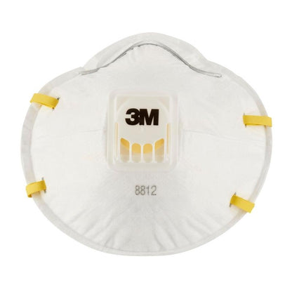 A white 3M™ Cool Flow™ Particulate Respirator 8812 FFP1 with valve from 3M Deutschland GmbH, with a central exhalation valve, yellow side bands, and the number 8812 under the valve, against a neutral background.