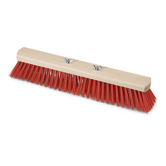 The Nölle Profi Brush hall broom Elaston with wing screws from Nölle Profi Brush Bürsten- & Pinseltechnik e.K. is characterized by a light wooden block, dense red Elaston bristles, and two metal wing screws for easy handle attachment.