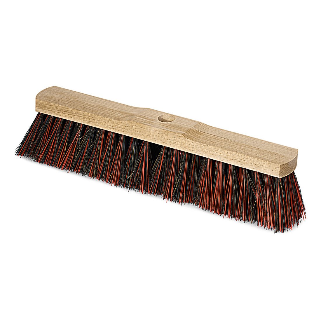 The Nölle Profi Brush hall broom Arenga/Elaston saddle wood with handle hole broom head from Nölle Profi Brush Bürsten- & Pinseltechnik e.K. is equipped with dense black-red bristles and stands on a white base.